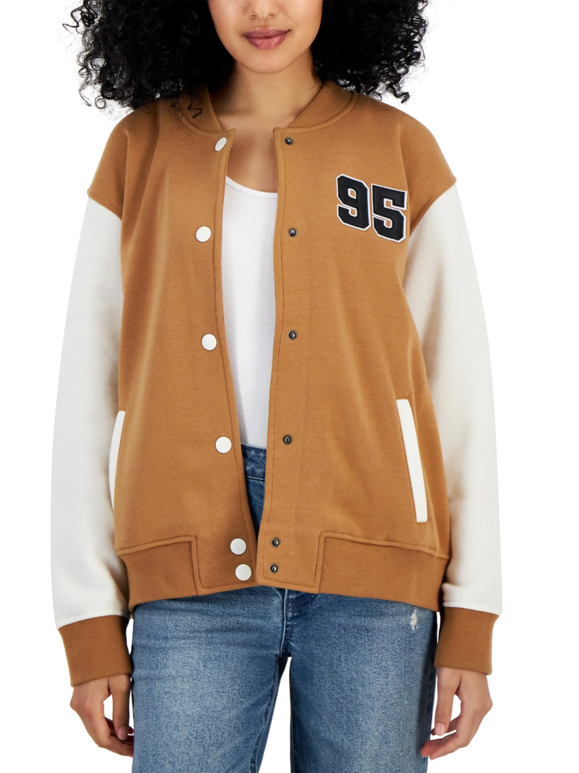 Women's Varsity Bomber Jacket,Brown/White