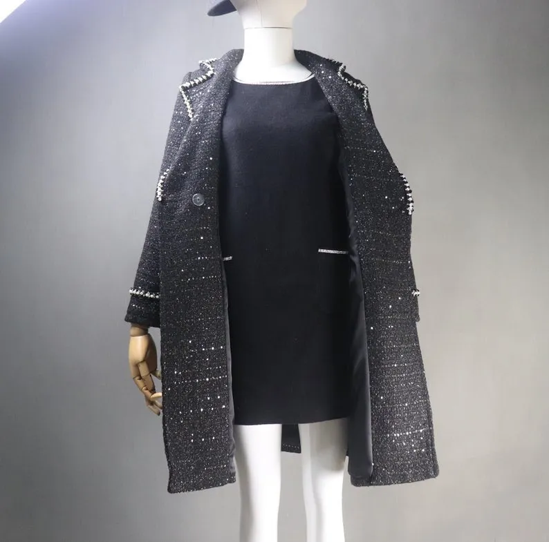 Women's Winter Tailor MADE Sequinned Long Warm Coat Black