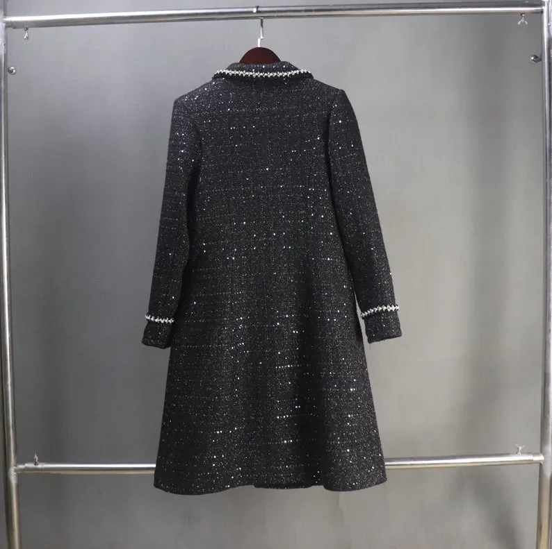 Women's Winter Tailor MADE Sequinned Long Warm Coat Black