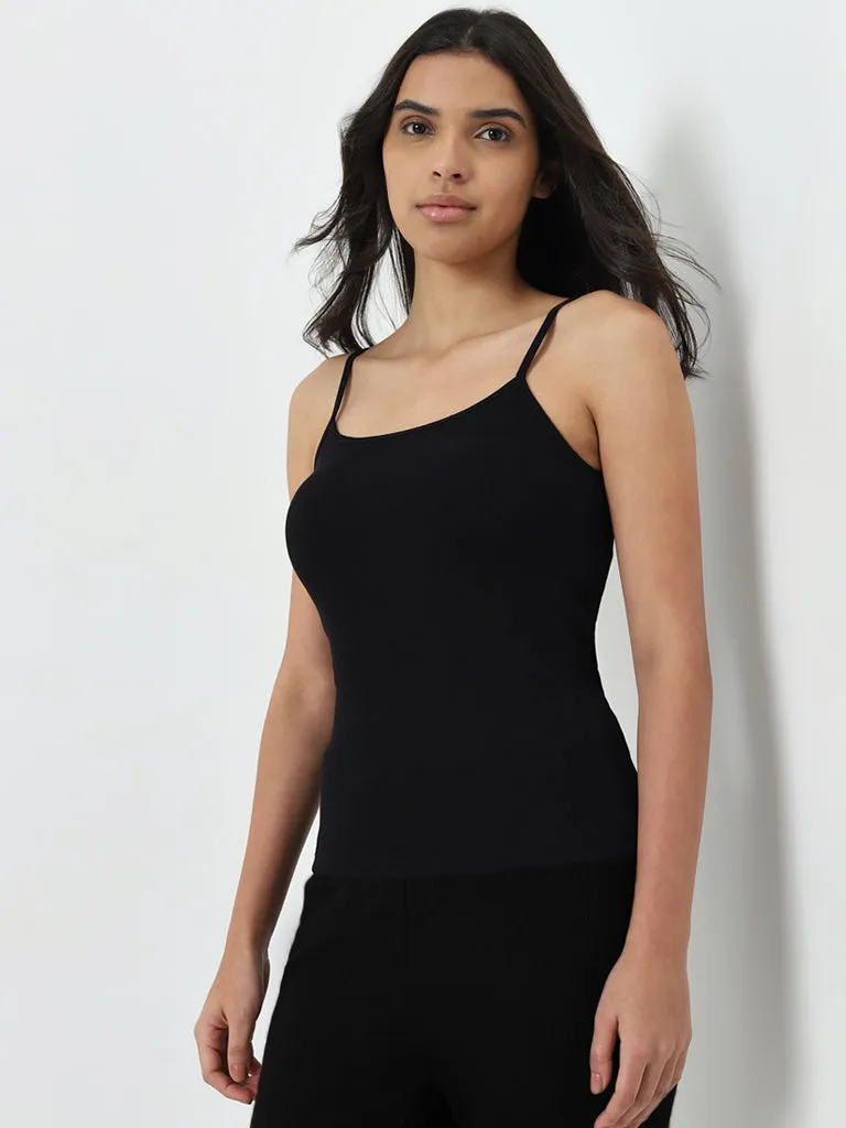 Wunderlove Black Ribbed Cotton Blend Camisole