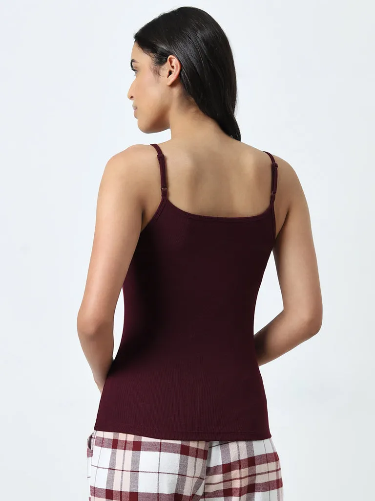 Wunderlove Maroon Ribbed Cotton Blend Camisole