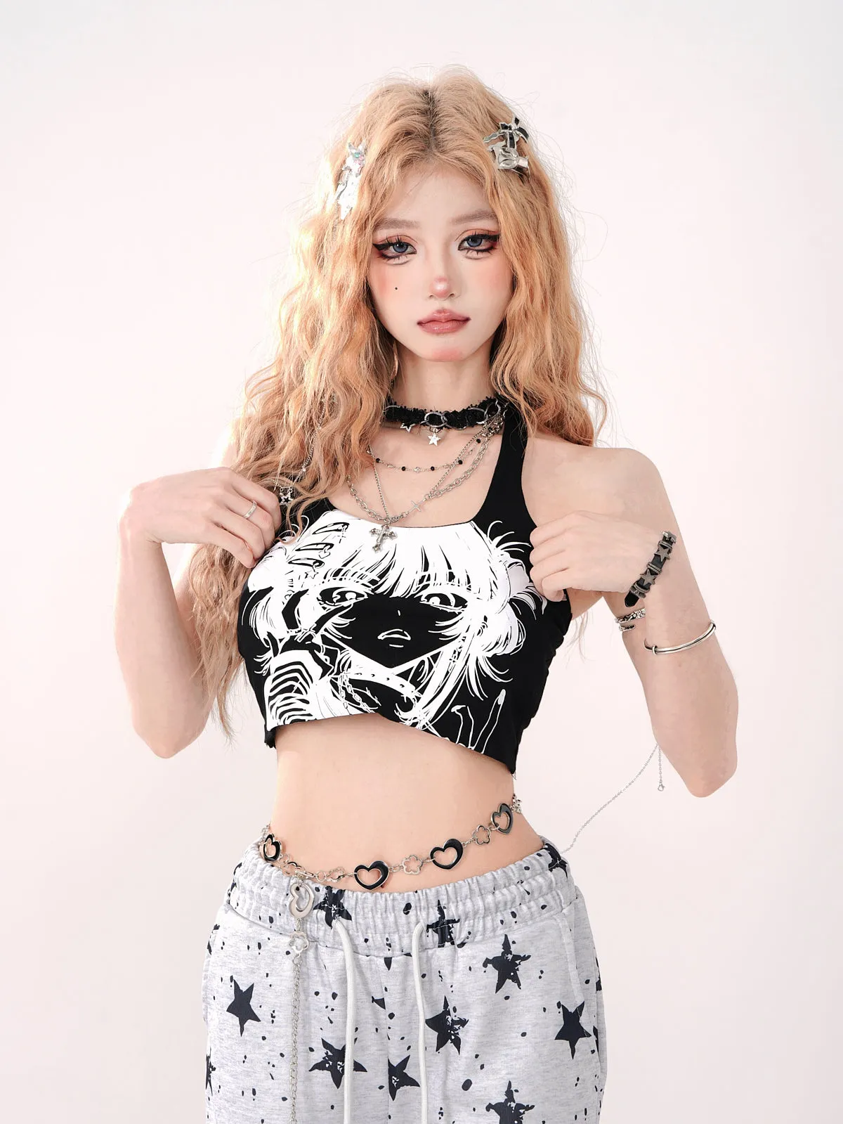 Young Eyes Grunge Summer Anime Girl Graphic Halter Neck Tank Top